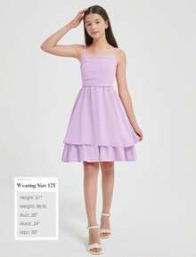 EXARUS Girls Flowy Ruffled Hem/Puff Bubble Dress Teen Ruched Summer Adjustable Spaghetti Strap Casual Cami Mini Dresses - Tím hoa oải hương - Xem 5