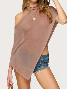 Women Sheer Knit Poncho Y2K Off Shoulder Asymmetric Shrug Sweater Pullover Top Lightweight See Through Cover Up Tops  Pullover Sweaters Tops - màu nâu - Xem 2