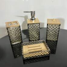 4 pezzi Set di accessori da bagno eleganti blu geometrici - Comprende dispenser per sapone, porta spazzolino, bicchiere per spazzolino, bottiglia per lozione e scatola colorata - Perfetto come regalo di inaugurazione della casa, set di decorazione per il bagno | Decorazione bagno moderna | Organizer da bagno con finitura lucida in scatola regalo