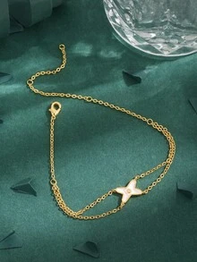 1 件高品质欧美方晶锆石镀铜 18K 双层链白色贝壳 X 字母简约手链，女士礼物和日常佩戴 - 金黃色 - 查看 3