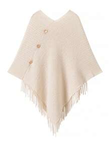 1pc Women Solid Color Button Tassel Knitted Poncho Shawl, Fashionable Casual Warm Wear For Vacation And Daily Use
