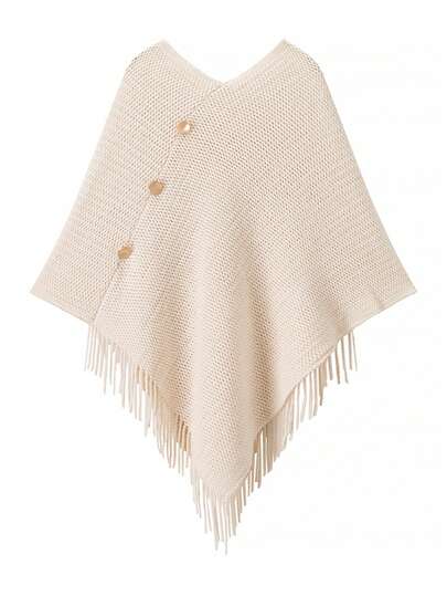 1pc Women Solid Color Button Tassel Knitted Poncho Shawl, Fashionable Casual Warm Wear For Vacation And Daily Use For Dress