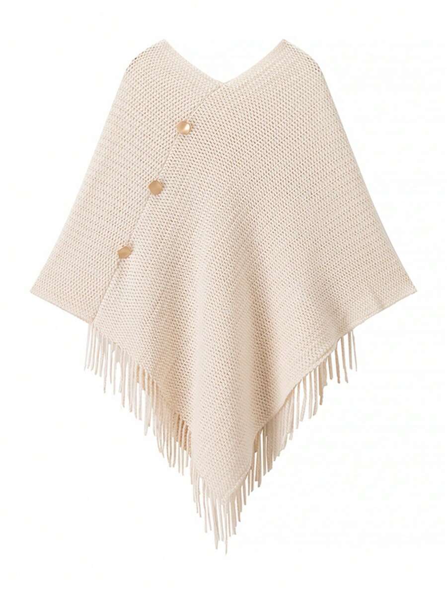 1pc Women Solid Color Button Tassel Knitted Poncho Shawl, Fashionable Casual Warm Wear For Vacation And Daily Use