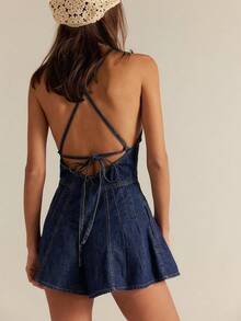 Women Spaghetti Strap Denim Romper Dress Sleeveless V Neck Backless Tie-Up Jean Short Jumpsuits Y2k Ruffle Jean Overalls Summer Streetwear - 藏蓝色 - 查看 2