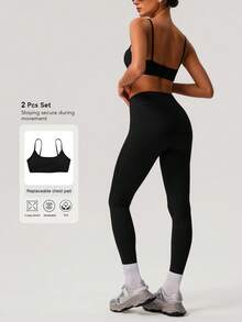 Sodalemon Women's Solid Color Thick Sports Bra & Yoga Leggings 2 Pieces Set, Minimalist Design For Fitness Training - 黑色 - 查看 2