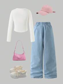 2Pcs Pre-Tween GirlsCasual Outfit Set: Butterfly Print Asymmetrical Hem Short Top And Letter Print Loose Fit Distressed Jeans, Autumn