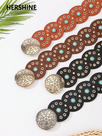 1 szt. damski pasek w kolorze turkusowym w stylu boho, styl zachodni, złoty ozdobny pasek z okrągłą klamrą, patchworkowy pasek, jednolity kolor, boho pasek ze skóry PU, odpowiedni do sukienek, spódnic, dżinsów, na co dzień, do szkoły, na wakacje, na co dzień, na imprezy