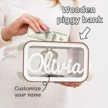 1pc Personalized Wooden Name Piggy Bank - Custom Cash Box, Perfect For Kids' Christmas Gifts, Birthday Gift Ideas, Gift For Her, Ideal For Easter, Back To School, And Special Occasions