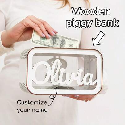 1pc Personalized Wooden Name Piggy Bank - Custom Cash Box, Perfect For Kids' Christmas Gifts, Birthday Gift Ideas, Gift For Her, Ideal For Easter, Back To School, And Special Occasions