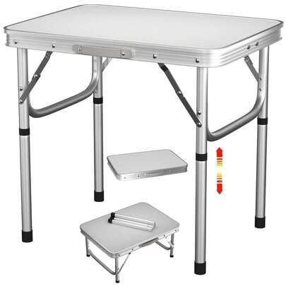 Lucn Folding Table 2FT Heavy Duty Adjustable Height Camping Tables, Portable Picnic Table With Carry Handle, For Indoor Outdoor Garden Party BBQ Camping, Unfold Size: 60 * 45 * 26/56 Cm