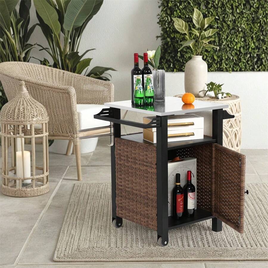 Sairedel Single Door Bar Cart,Outdoor Kitchen Wicker Island Rolling Cart & Storage Cabinet, Wheels And Stainless Steel Extended Table Top, Side Handle For Patio Kitchen Or Bar Cart, Brown - 1 - View 1