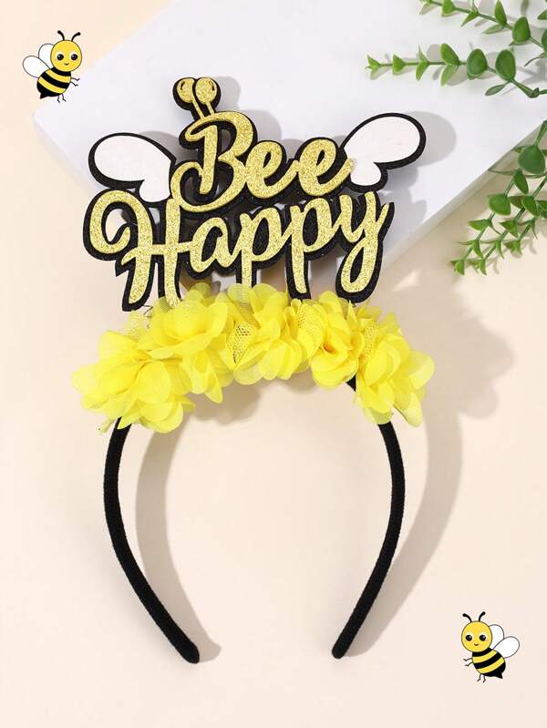 1pc Cute Bee Headband For Girls Gold Glitter Happy Bee Hairband Yellow Mesh Flower Bee Head Band Adorable Bee Insect Headwear Sparkling Vacation Party Hair Band Teens Hair Accessories