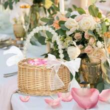 一套柳条花童篮和头饰，手工编织柳条篮，配珍珠手柄和蝴蝶结，仙女花篮，婚礼花童珍珠头饰，适合婴儿派对 - 彩色 - 查看 6