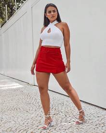 Women's Short Skirt With Lined Belt, Side Slit, High Waist, Short Crepe Knit - Đỏ - Xem 9