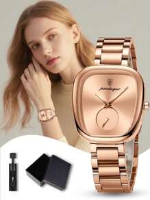 1pc Elegant Rose Gold Stainless Steel Strap Oval Dial Women's Quartz Watch, Luxury Waterproof Watches For Woman, Fashion Ladies Wristwatch Suitable For Daily Occasions, Women's Gifts