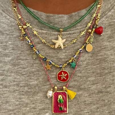 Bộ 4 mặt dây chuyền hình vuông nhiều lớp đính hạt phong cách Bohemian dành cho nữ, thích hợp đeo hàng ngày, tiệc tùng, đi biển, mọi mùa