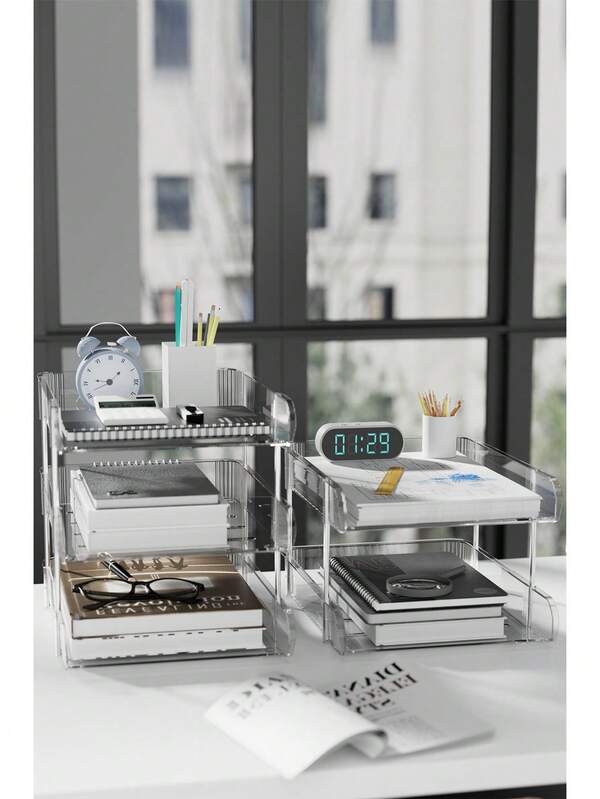 COBIVI Document Tray, A4 Vertical 3-Tier Document Tray, Desktop Storage Rack, Transparent, Stackable, Document Organization, Small Item Storage, Pen Holder, Stationery Storage, Letter Case, Letter Tray