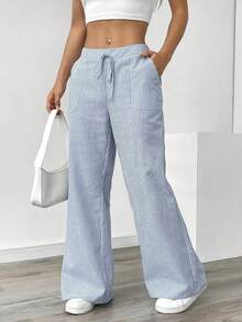 Calça Longa Feminina de Moda Outono Listrada de Poliéster, Design com Cordão, Calça Reta Solta, Ajuste Confortável e Relaxado. Temporada de Volta às Aulas - Azul - Visão 4
