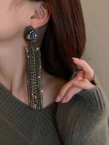 1 对泪珠水钻装饰长流苏耳环，休闲时尚百搭配饰 - 黑色 - 查看 2