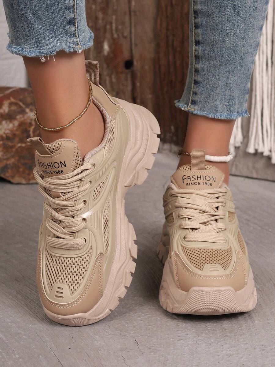 女童厚底运动鞋，2025年新品，秋季厚底休闲舒适运动鞋 - 卡其色 - 查看 1