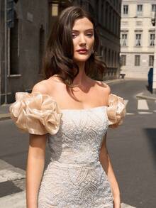 Faeriesty Off-Shoulder Mermaid Gown With Floral Beading, Ruffled Sleeves, Sheer Embroidered Skirt, Perfect For Formal Dinners, Weddings, Bridal Photo Shoots - Apricot - View 10