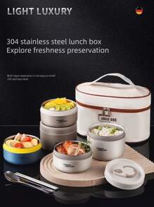 5件套304L不锈钢保温饭盒带储物袋和餐具，便携式双层密封便当盒，适用于办公室、学校