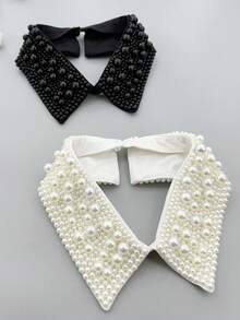 1pc Women's Beige & Black Handmade Pearl Embellished Detachable Collar, Versatile Wear For Stage Performance,Festival,Travel,Disco,Graduation Outfit - Beige - View 3