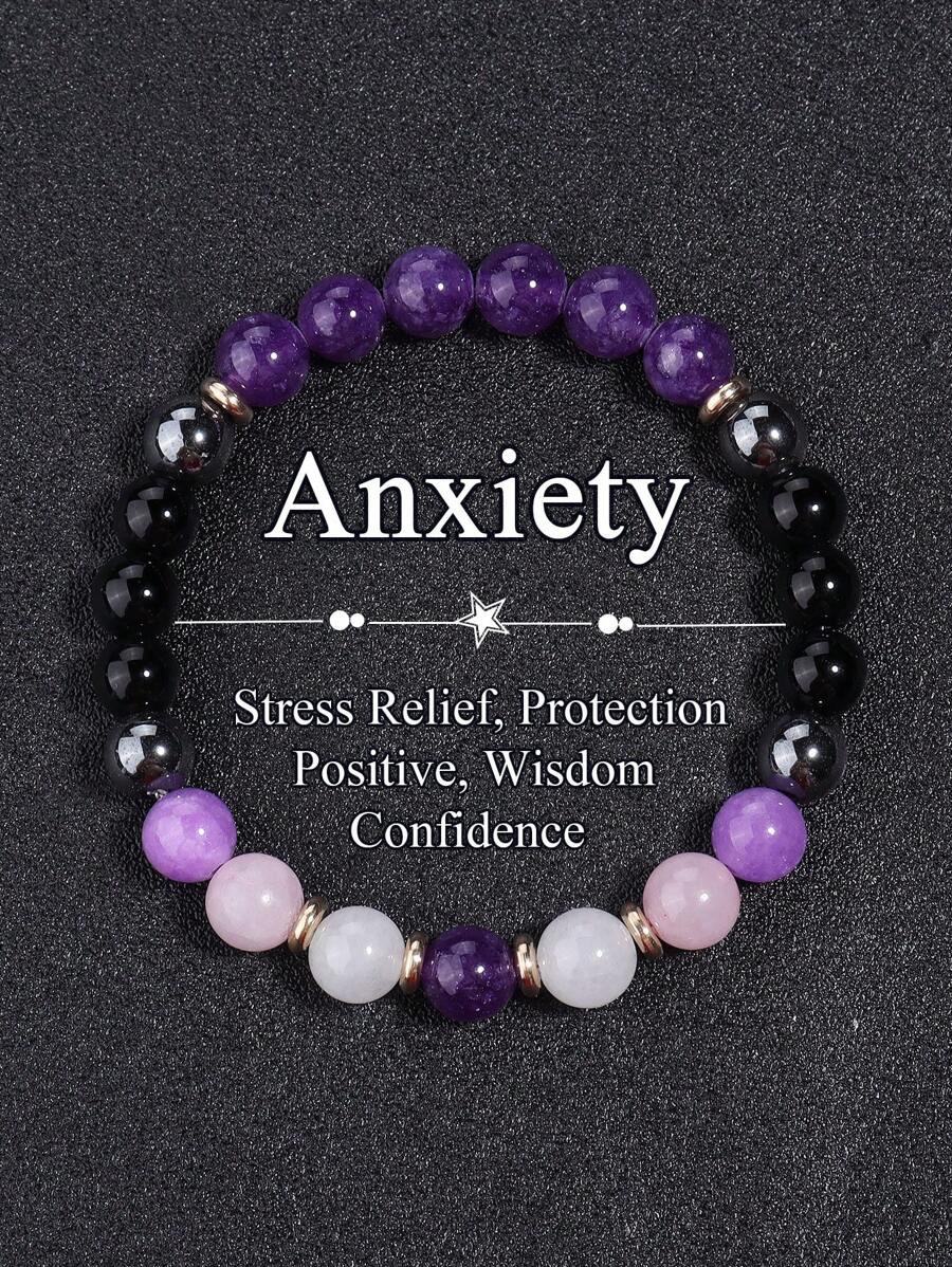 天然紫水晶抗焦虑手链，男女皆宜，冥想珠宝，放松、镇静、平衡、积极、释放消极情绪 - 彩色 - 查看 1