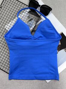 女士瑜伽运动文胸无袖露脐运动上衣，弹力健身运动背心，透气 - 藍色 - 查看 4