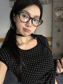 女式休闲系带领简约波尔卡圆点印花修身T恤