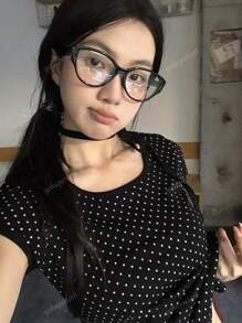 Women's Casual Lace-Up Neck Minimalist Polka Dot Print Slim Fit T-Shirt