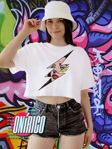Crop Top Rayo Ombliguera Ilustración Camiseta corta  Estrella  Color combinado  Figuras    Casual    Ninguno    Escenario y concierto  Noche de fiesta - Blanco - Ver 1