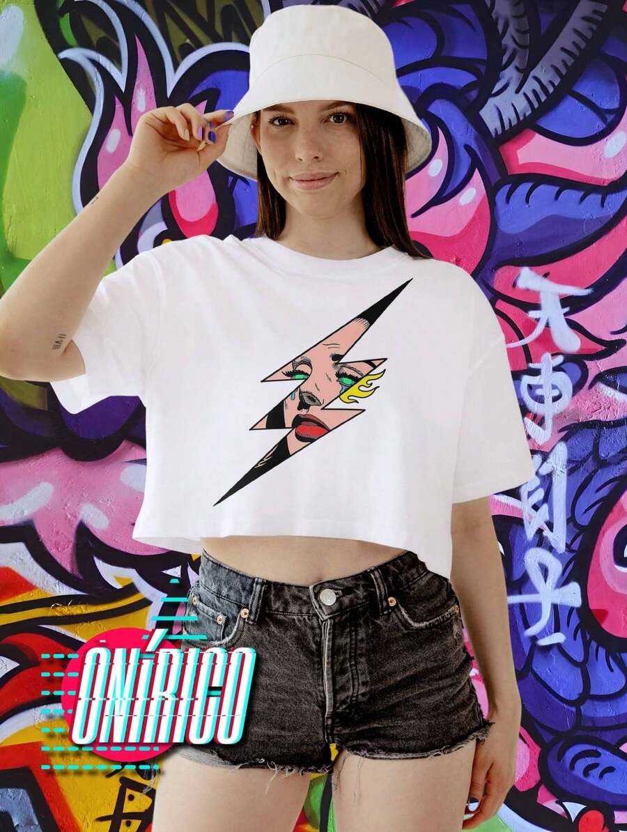 Crop Top Rayo Ombliguera Ilustración Camiseta corta Estrella Color combinado Figuras Casual Ninguno Escenario y concierto Noche de fiesta - Blanco - Ver 1