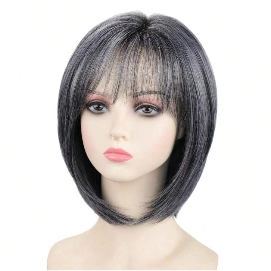 MGrey Medium Length Bob Wig With Bangs Layered Straight Hair Wigs For Women Salt Pepper Wig With Dark Roots Natural Dark Grey Daily Hairstyle Lightweight Hair Replacement Wig8001 - 漸變灰色 - 查看 1