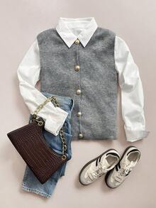 Minimalist Solid Color Knit Vest Cardigan, Round Neck Fashion Sweater, Versatile Casual Style - Dark Grey - View 2