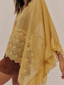 Women's Y2k Summer Sheer Poncho Tops Solid Color Batwing Sleeve Loose Fit T-Shirts Blouses Fairy Grunge Oversized V Neck Lace See Through Flowy Tops - 黃色 - 查看 2
