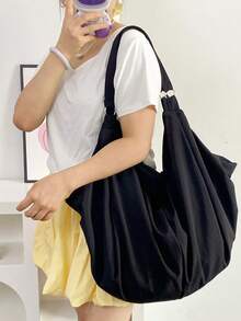 Túi đeo vai họa tiết màu trơn dung tích lớn, túi xách đeo chéo thường ngày cho nữ, túi tote bằng nylon, ba lô mua sắm đa năng có thể tái sử dụng thích hợp cho công việc, học tập, du lịch - màu đen - Xem 9