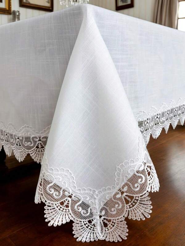 1pc Polyester White Bamboo Fiber Rectangular Tablecloth, Water-Soluble Lace Embroidery, Elegant White Flower Design, Suitable For Home Kitchen Table, Sideboard, Dresser, Shoe Cabinet Decoration, Holiday Party, Outdoor Picnic Party, Men's And Women's Wedding Anniversary Gift, Exquisite Embroidery, Festive Decoration, High Quality Material, For Banquet Hosts