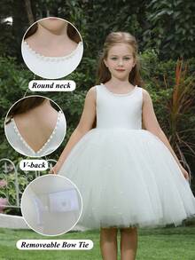 小女孩蝴蝶结深 V 薄纱泡泡袖派对公主裙，适合小女孩生日派对、舞会、选美、花童、伴娘、婚礼、特殊场合 - 白色 - 查看 9