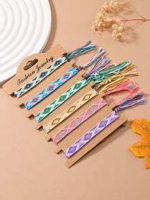 6pcs Bohemian Style Friendship Bracelets Set, Machine Woven & Hand Woven Thin Vintage, Beach Style Bracelets, Gift For Mother's Day, Note: Actual Color May Vary From The Image - Multicolor - View 8
