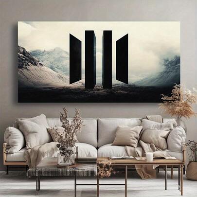 1PC Framed 2D Flat, Large Modern Minimalist Canvas Wall Art - Black & Beige Mountain Landscape Painting With Vertical Line Monoliths, Stretched Canvas Print For Living Room, Bedroom, Office - Housewarming Or Wedding Gift Decor, Canvas Wall Art Ready To Hang, Bedroom Artwork, Abstract Decor, Textured Appearance, 2D Flat- (Wrapped Canvas)