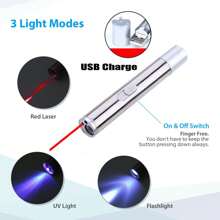 1/2 Three-In-One Pen-Type Flashlight - Pet Ultraviolet Detector, USB Rechargeable Red Light Flashlight, Cat Toy And Emergency Light