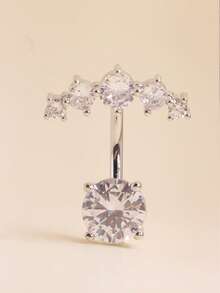 1pc Rhinestone Double Gem Navel Ring, Fashion Piercing Jewelry - Silver - View 1