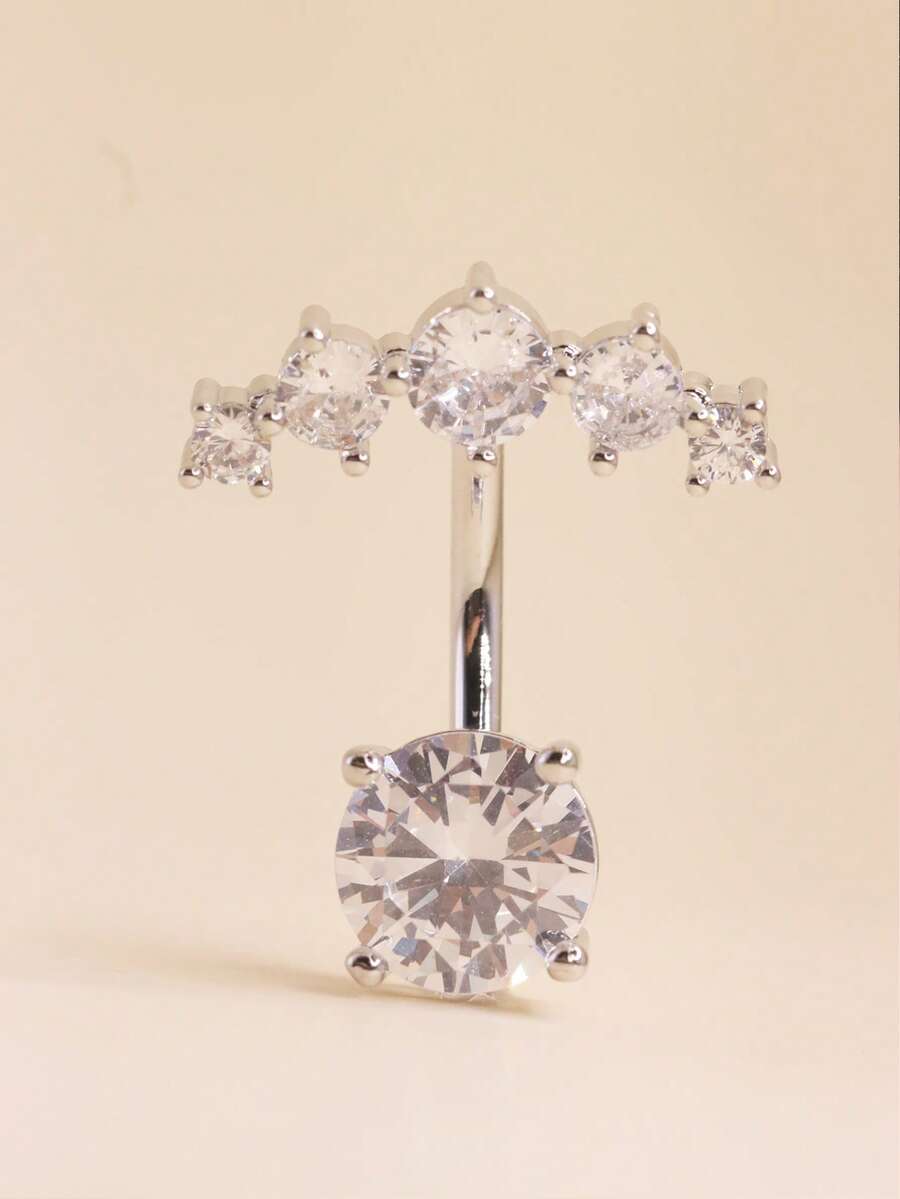 1pc Rhinestone Double Gem Navel Ring, Fashion Piercing Jewelry - Silver - View 1