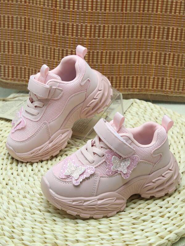 1 Pair Girls' Pink Fashion Versatile Butterfly Hook And Loop Sports Shoes, Autumn