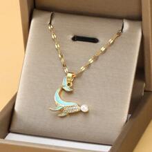 1件海洋生活海滩度假系列【海龟、海豚、章鱼、海星】吊坠项链，休闲时尚优雅可爱，铜材质镶嵌锆石，不锈钢唇链，适合女性日常佩戴 - 海豚2 - 查看 2