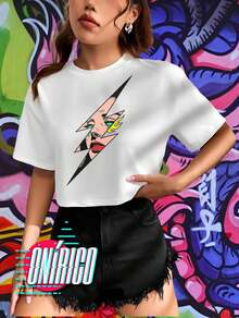 Crop Top Rayo Ombliguera Ilustración Camiseta corta  Estrella  Color combinado  Figuras    Casual    Ninguno    Escenario y concierto  Noche de fiesta - Blanco - Ver 2