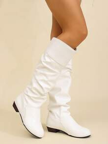 Bốt cao đến đầu gối, thoải mái, thanh lịch và hợp thời trang dành cho nữ, bốt cao gót đế dày, mũi tròn, xếp ly cỡ lớn, Bộ sưu tập Thu/Đông 2025 mới, Dự tiệc - trắng - Xem 5