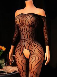 1 bộ đồ lót gợi cảm dành cho nữ, áo liền thân lưới xuyên thấu, áo bodysuit hở vai tay lửng, áo liền quần bó sát hở đáy, áo khoác ngoài bikini, trang phục dự tiệc gợi cảm cho ngày Valentine. - màu đen - Xem 4