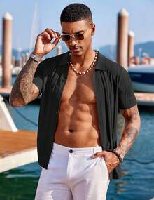 Men's Knit Shirts Short Sleeve Button Down Polo Shirt Fashion Casual Summer Beach Shirts - 酒紅色 - 查看 8